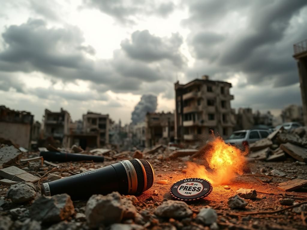 Flick International Dramatic scene of Gaza City ruins featuring media equipment after airstrike