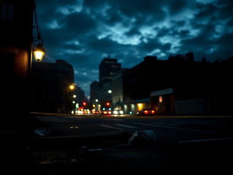 Flick International Darkened street corner in Cincinnati aftermath of violent incident with debris and street sign