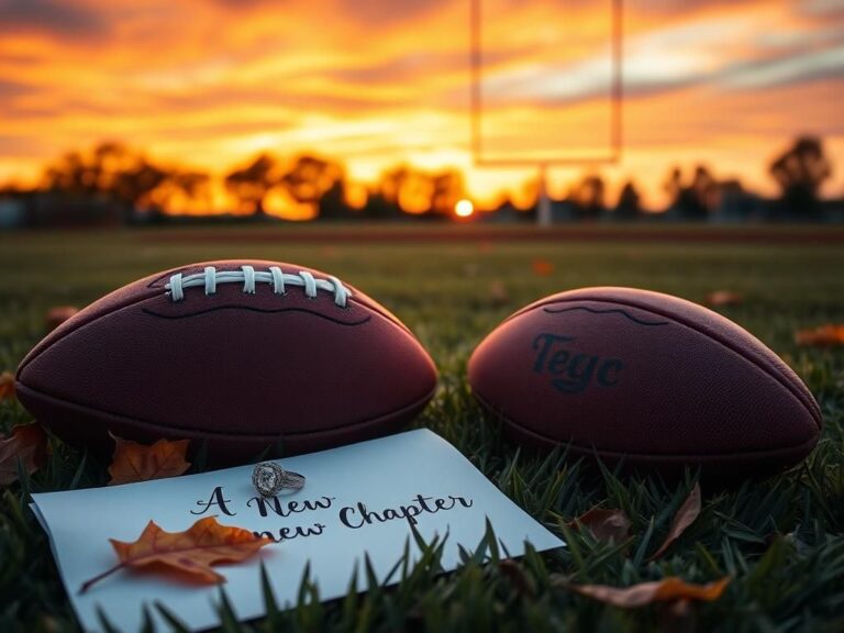 Flick International A serene football field at dusk with a well-worn football and an engagement ring symbolizing change and new beginnings