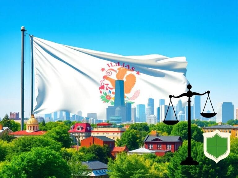 Flick International Illinois state flag waving in front of Chicago skyline with symbols of immigration and sanctuary policies