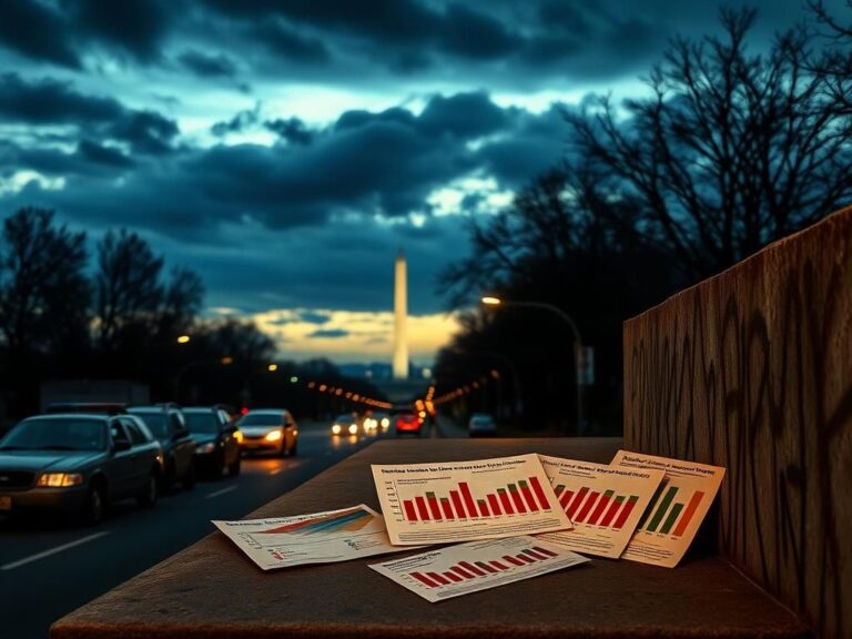 Flick International Urban skyline of Washington, D.C. at dusk with crime statistics charts on a graffiti-covered wall