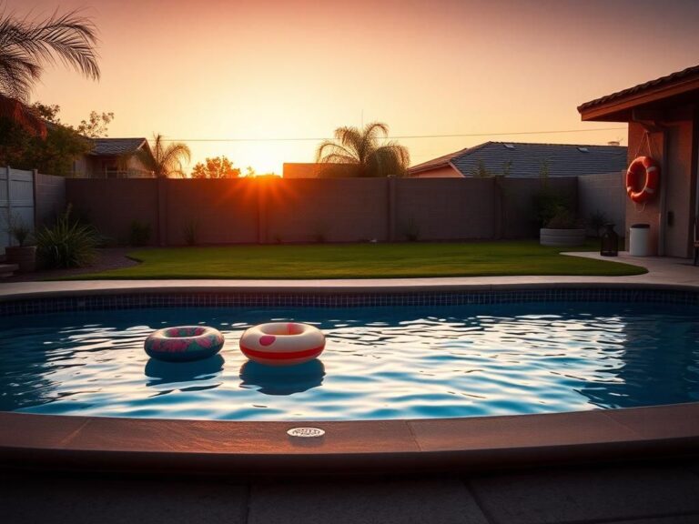 Flick International Backyard pool in Chandler, Arizona with inflatable toys and basketball