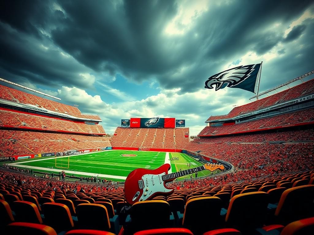 Flick International Empty Kansas City Chiefs stadium with a guitar in the foreground and a Philadelphia Eagles flag in the background