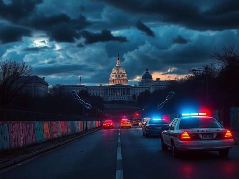 Flick International Dramatic scene of Washington, D.C. skyline at twilight with storm clouds symbolizing tension and unrest
