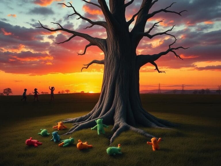 Flick International A cracked tree representing family division with colorful toys symbolizing Gosselin siblings scattered nearby