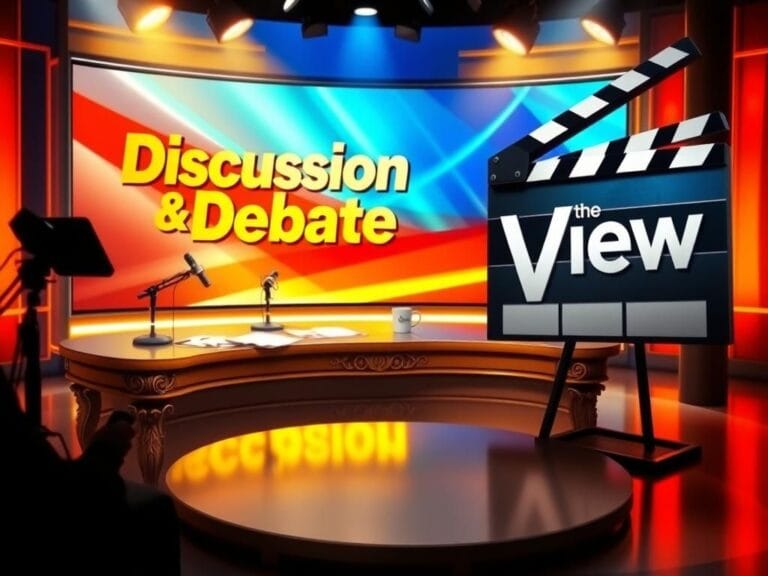 Flick International Abstract representation of a television studio set highlighting the talk show desk and stage backdrop for political discourse