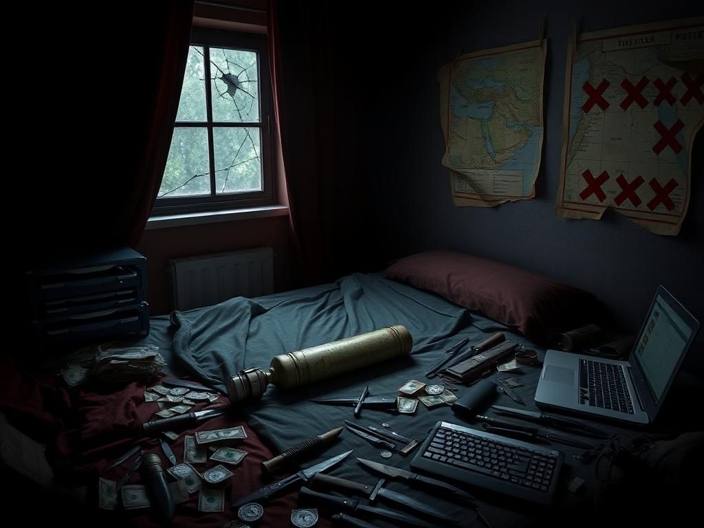 Flick International Dark room with ominous items symbolizing terrorism, featuring a disassembled bomb on an unmade bed.