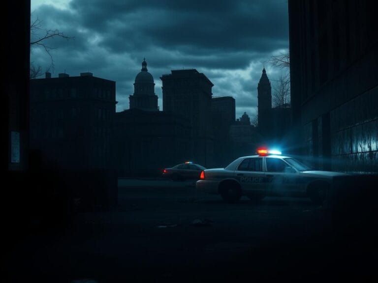 Flick International Dark urban scene in Washington D.C. depicting a deserted alleyway with abandoned police cars and ominous silhouettes of buildings.