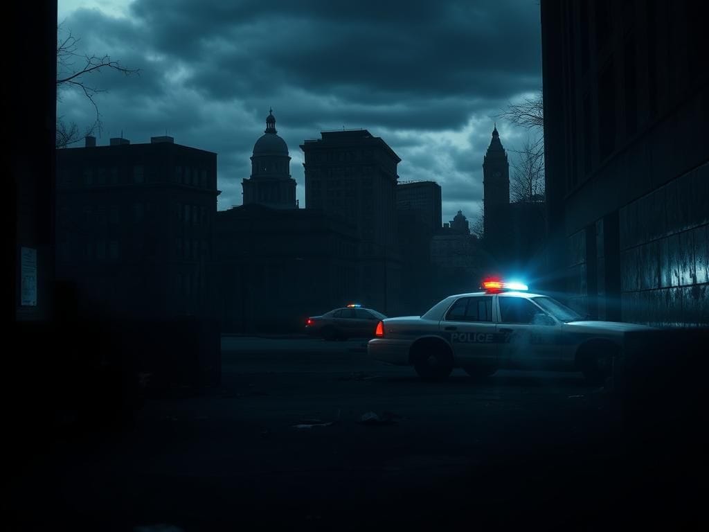 Flick International Dark urban scene in Washington D.C. depicting a deserted alleyway with abandoned police cars and ominous silhouettes of buildings.