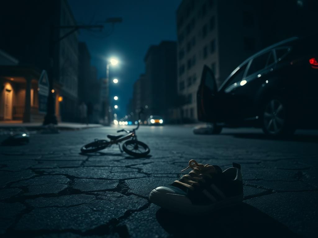 Flick International Dimly lit urban street in Washington D.C. at night with shadowy buildings and abandoned sneakers