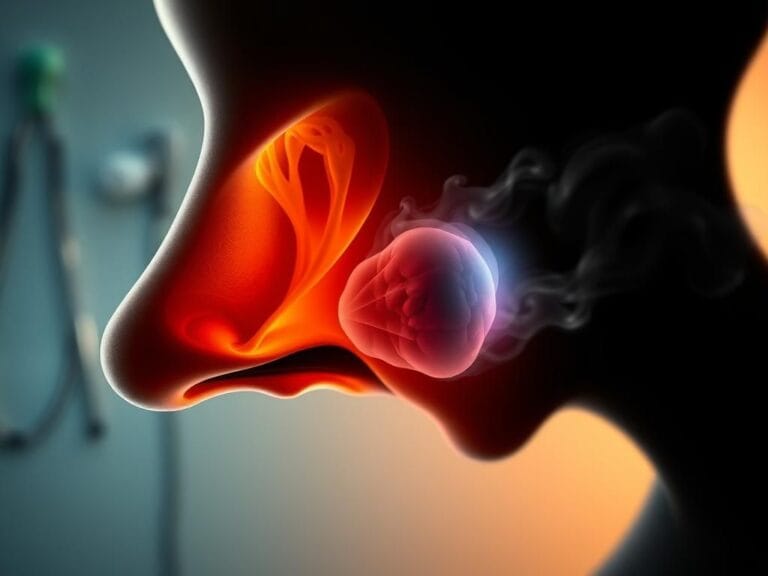 Flick International Close-up of a vibrant human nasal cavity illustrating health alongside a shadowy representation of a tumor