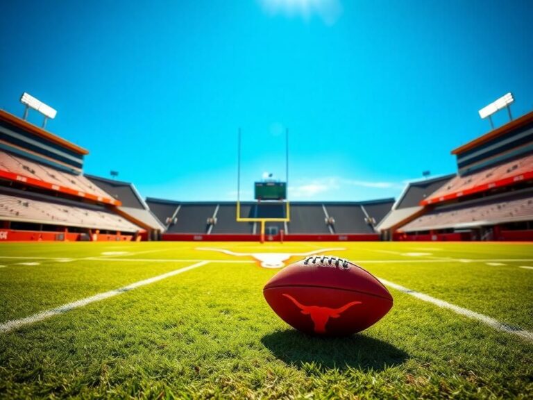 Flick International Football field with Texas Longhorns logo and a football resting on the turf under blue sky