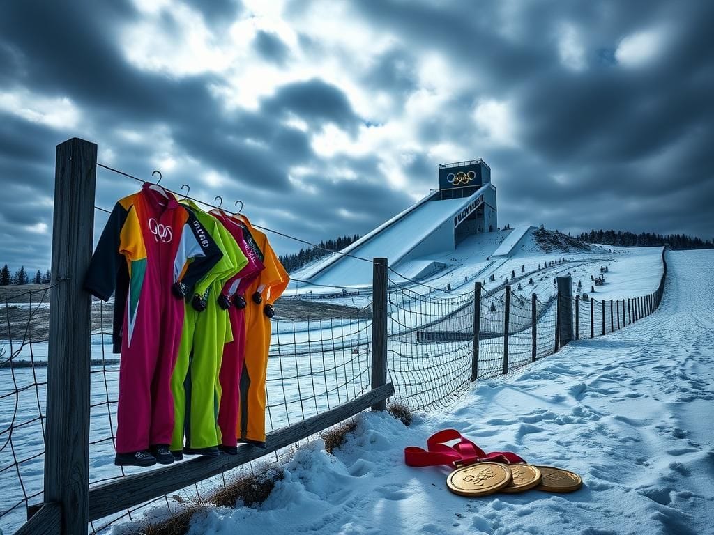 Flick International Colorful ski suits hanging on a wooden fence in a winter landscape near a ski jumping hill