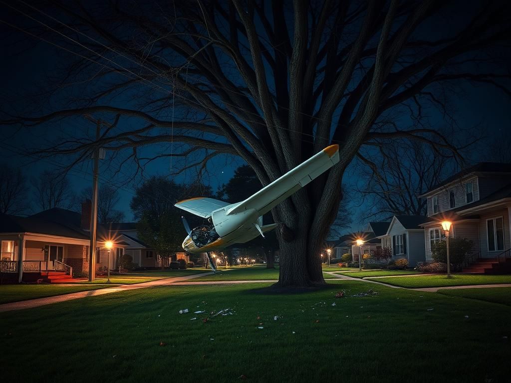Flick International Wreckage of a small aircraft lodged in an oak tree in a Georgia neighborhood