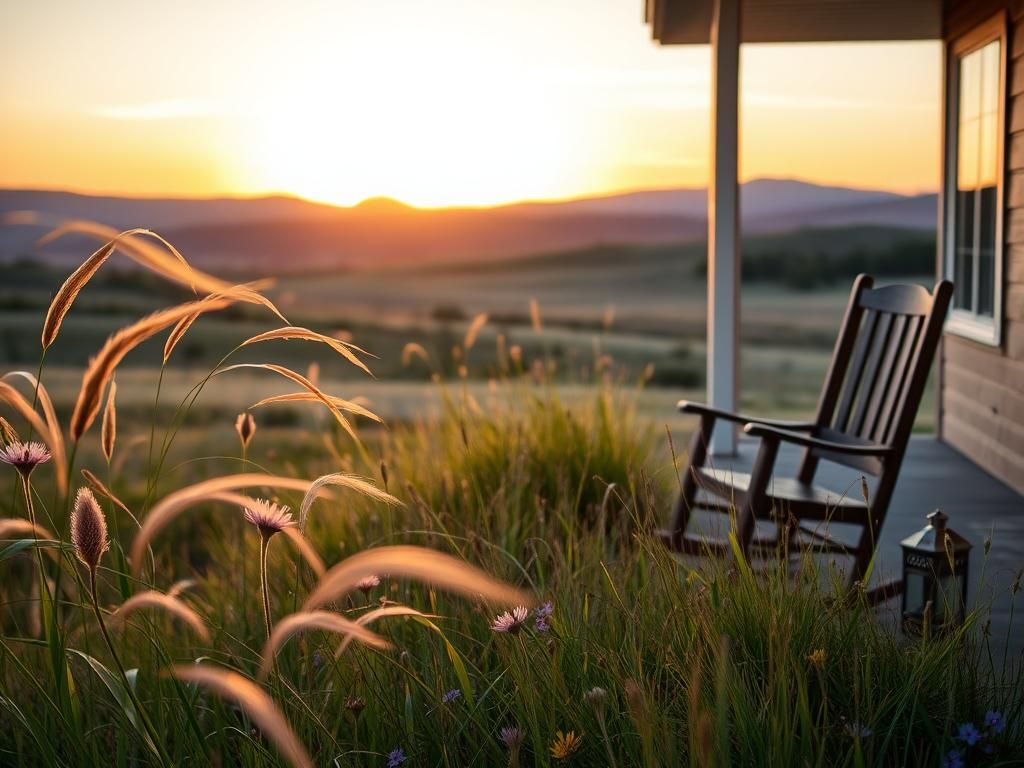 Flick International Serene landscape of Butte, Montana with a cozy home, tall grass, and wildflowers at sunset