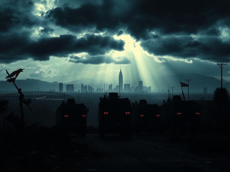 Flick International Dramatic scene depicting National Guard armored vehicles in California's urban chaos