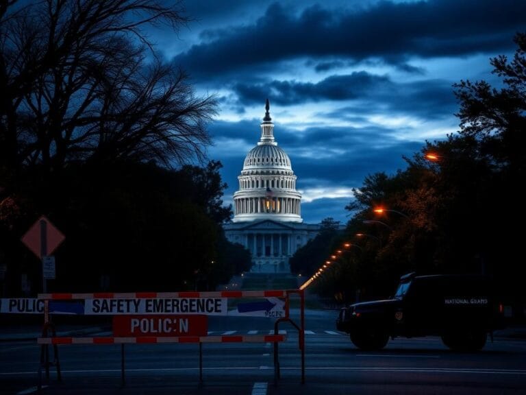 Flick International Twilight view of the Washington, D.C. Capitol building with a police barricade