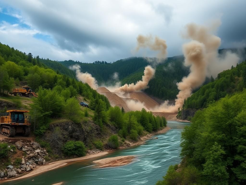 Flick International Rugged mountain landscape in Western North Carolina showing industrial disturbance from an unauthorized mine.
