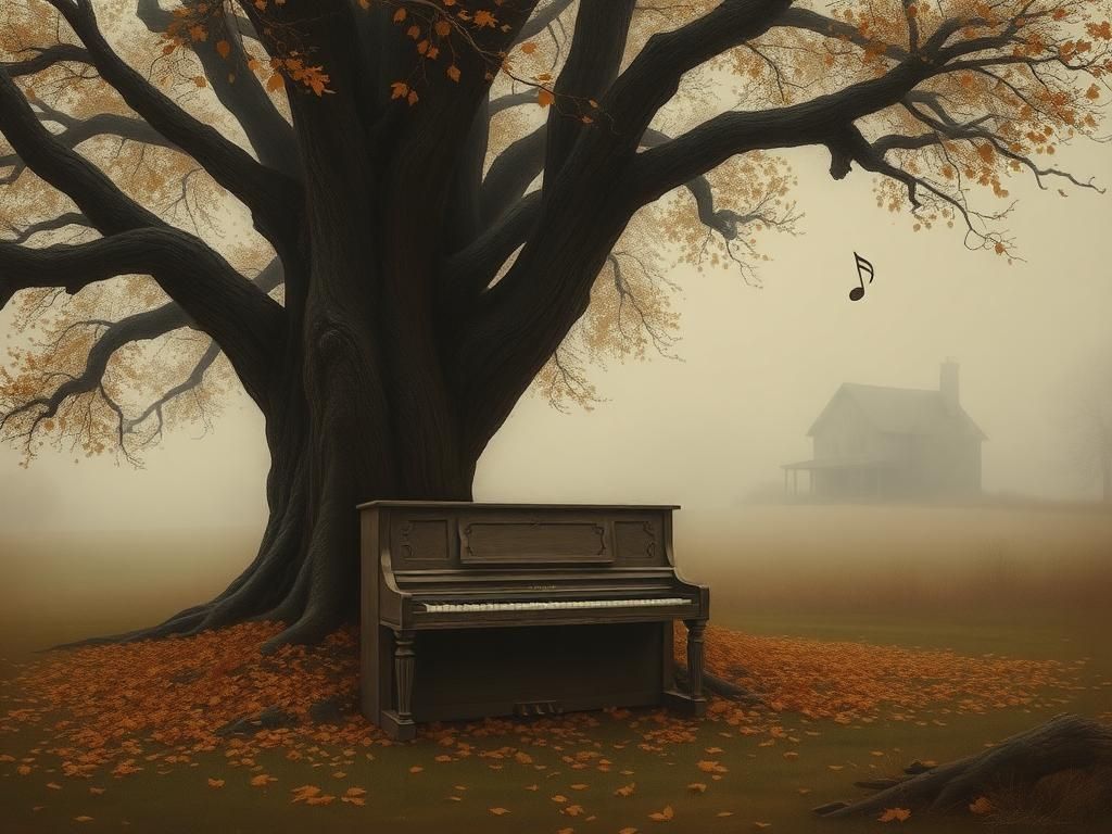 Flick International A weathered piano under an ancient oak tree surrounded by autumn leaves