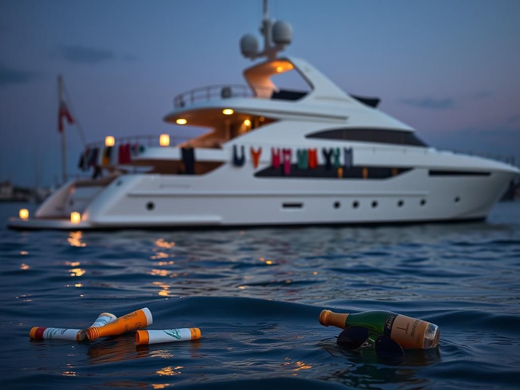 Flick International A luxurious 54-foot yacht named 'Ripple' docked in Montauk harbor adorned with colorful swimwear designs.