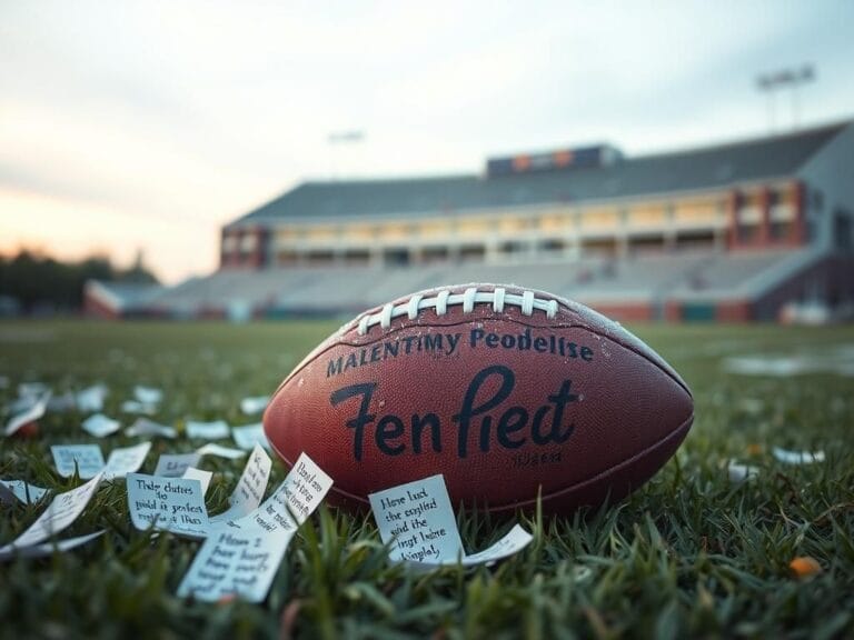 Flick International A close-up of a worn-out football on a grassy field with dew, surrounded by quotes about resilience.