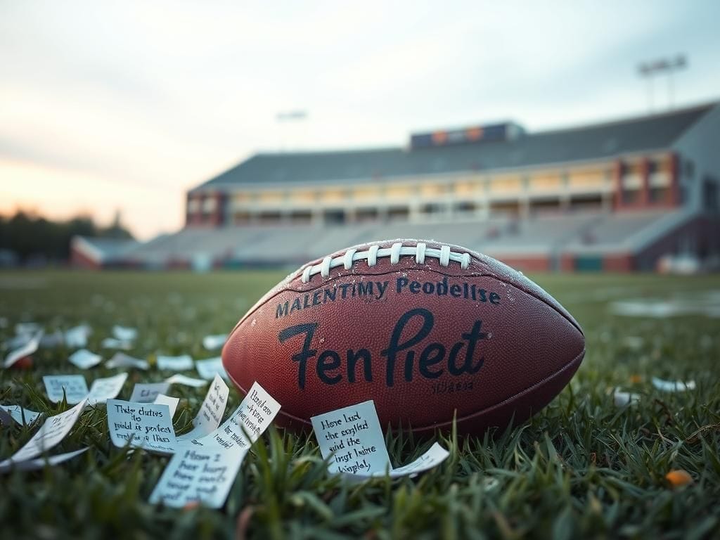 Flick International A close-up of a worn-out football on a grassy field with dew, surrounded by quotes about resilience.