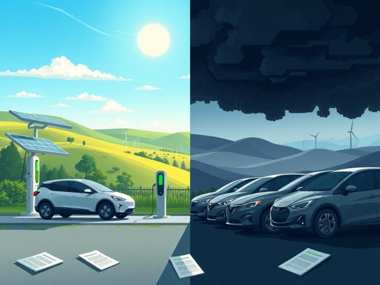 Flick International Digital illustration contrasting electric vehicles with gasoline cars in California's landscape