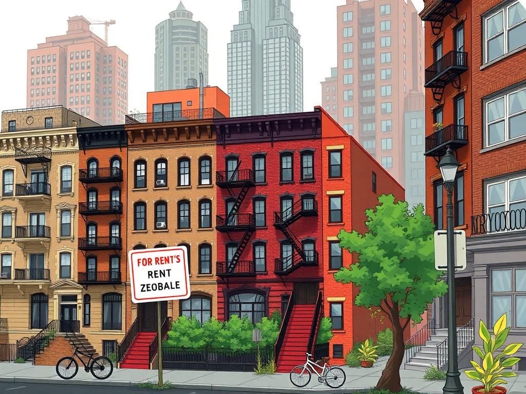 Flick International A conceptual illustration of NYC rent-stabilized apartments amidst luxury high-rises.