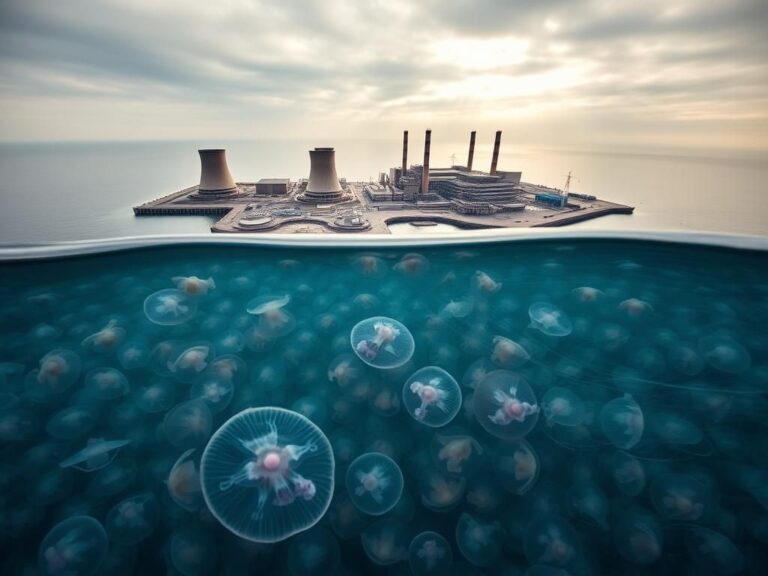 Flick International Aerial view of Gravelines nuclear power plant with jellyfish swarm