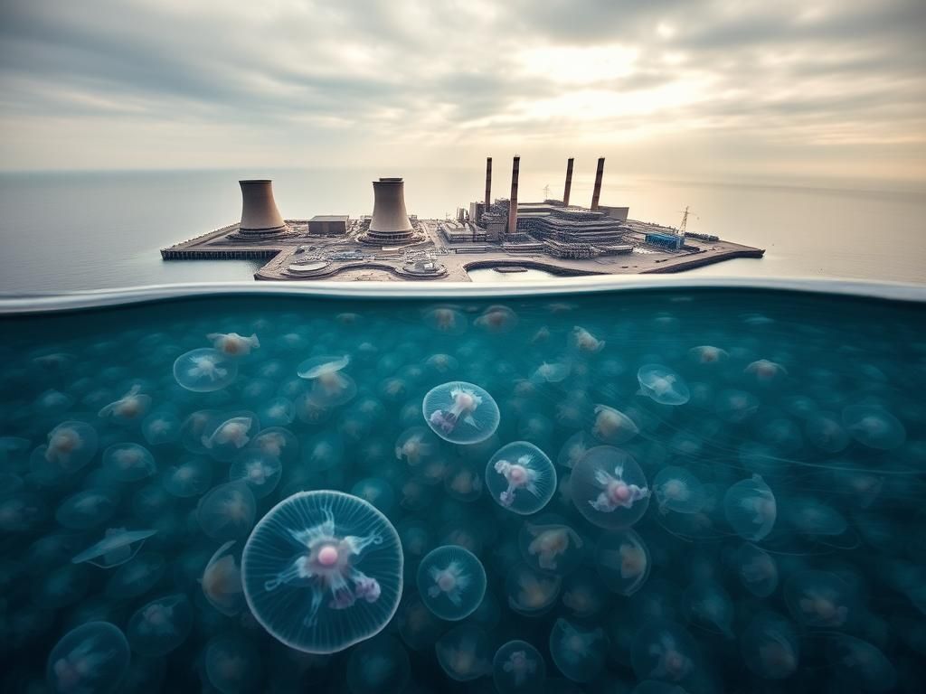 Flick International Aerial view of Gravelines nuclear power plant with jellyfish swarm