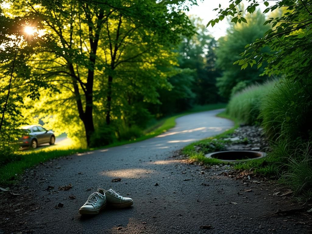 Flick International Abandoned sneakers on Ma & Pa Trail, symbolizing loss
