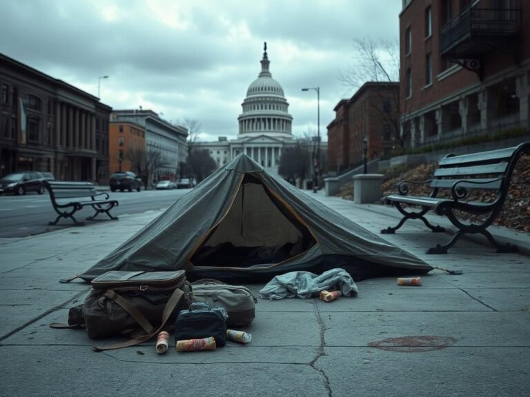 Flick International A somber scene of urban decay in Washington, D.C. featuring a tattered homeless encampment with the Capitol building in the background