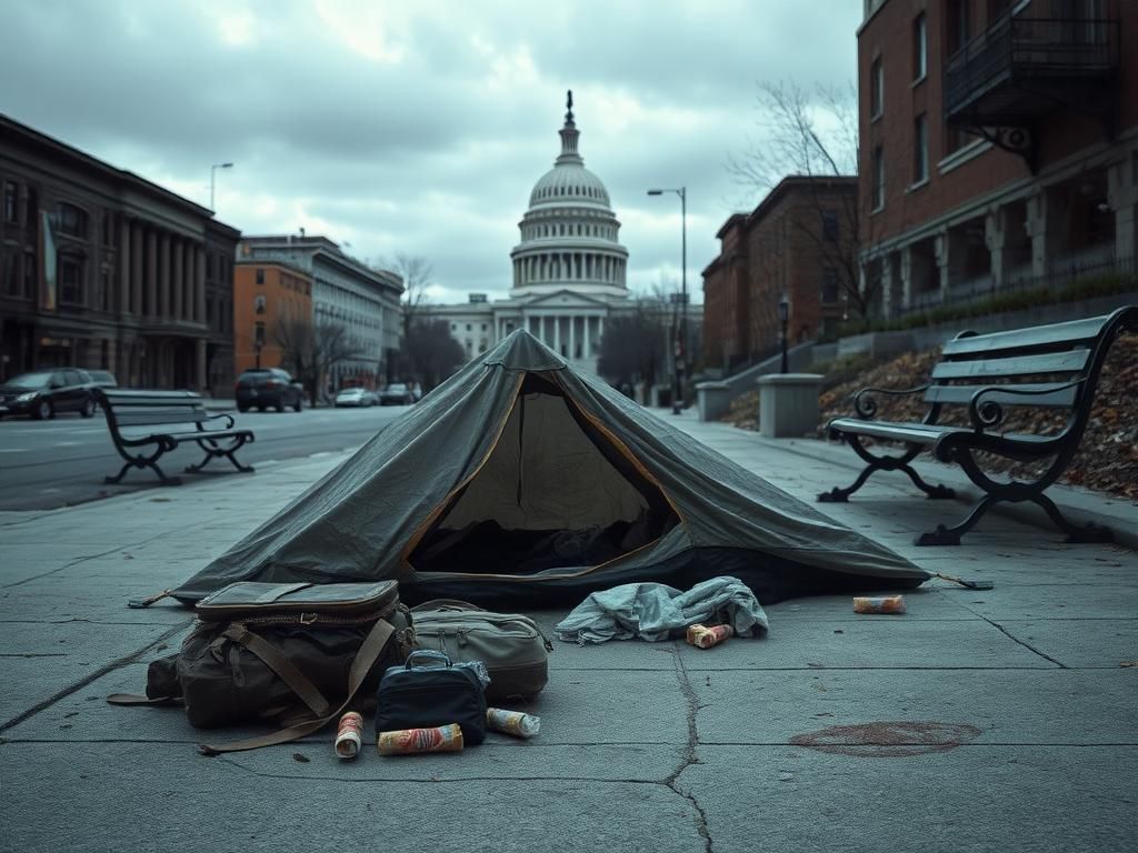 Flick International A somber scene of urban decay in Washington, D.C. featuring a tattered homeless encampment with the Capitol building in the background