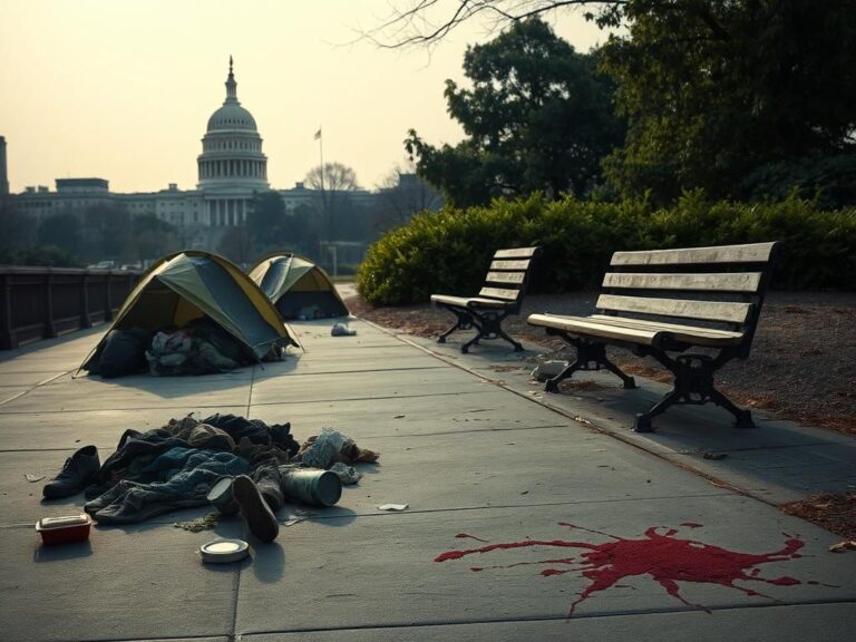 Flick International Urban scene depicting remnants of a homeless encampment in Washington, D.C. with the Capitol building in the background