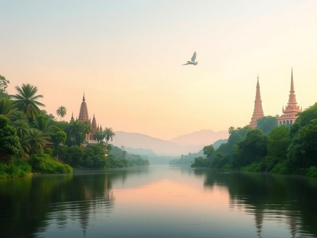 Flick International Serene landscape at the Cambodia-Thailand border with lush greenery and a peaceful river symbolizing peace.