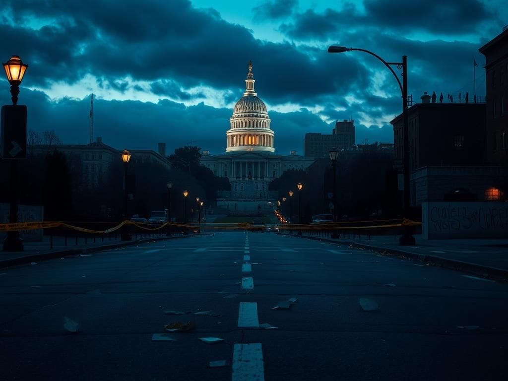 Flick International Somber cityscape of Washington, D.C. at dusk with storm clouds and deserted street