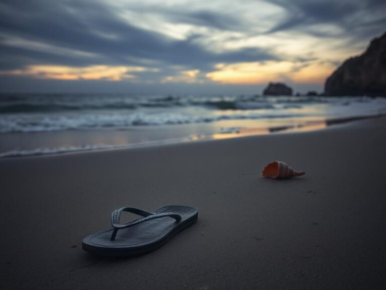 Flick International A somber beach scene at dusk with waves and abandoned flip-flops symbolizing loss.