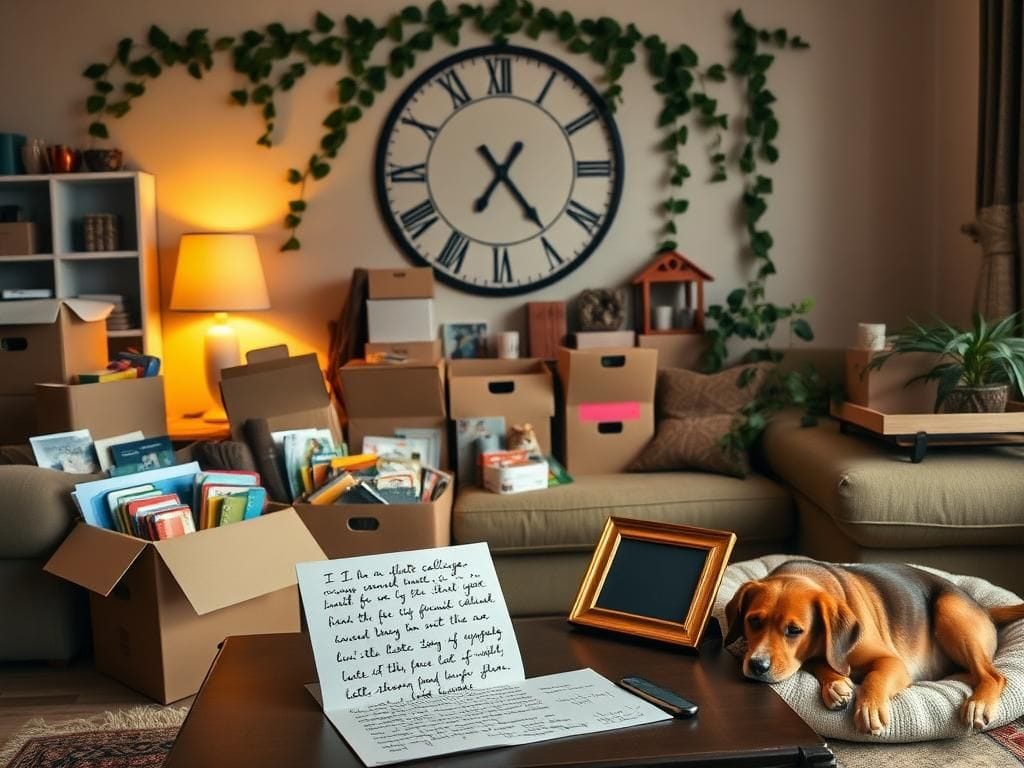 Flick International Cozy family living room filled with moving boxes and college supplies