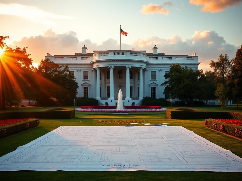 Flick International A grand view of the White House with a blueprint of a ballroom in the foreground during sunset