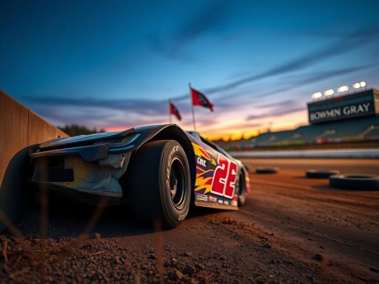 Flick International Close-up view of a crumpled racecar against a dirt track wall after a medical emergency during a race in North Carolina