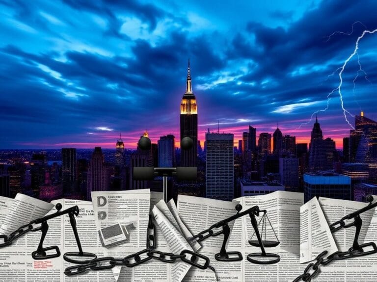 Flick International New York City skyline at dusk with elements of political debate