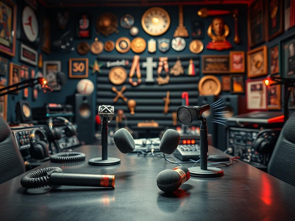 Flick International A podcasting setup with a knocked-over microphone symbolizing disruption during a tense discussion.