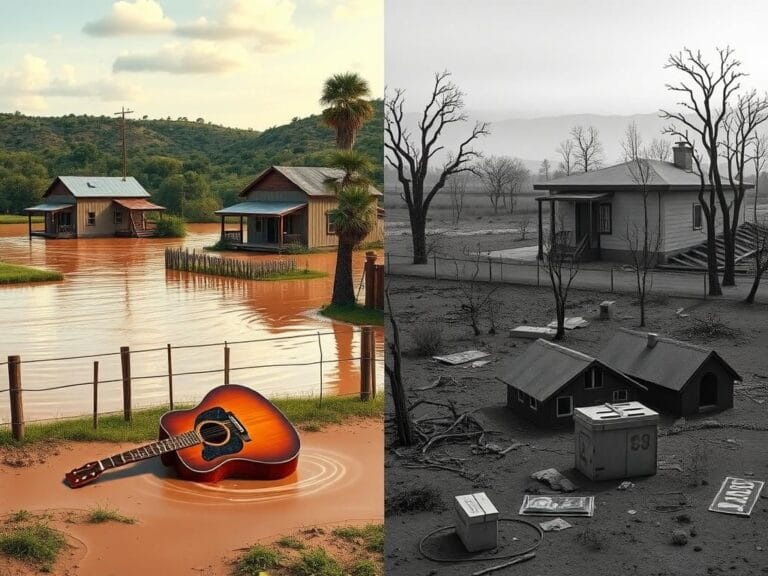 Flick International A split image contrasting a recovering Texas Hill Country landscape and a devastated California wildfire scene