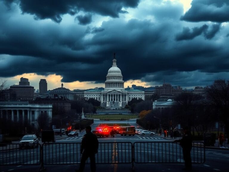 Flick International Dramatic cityscape of Washington, D.C. with stormy skies and police presence depicting tension and unrest