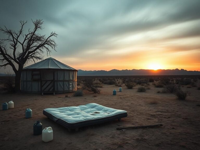 Flick International A desolate campsite with a worn yurt and cracked mattress in rural Arizona