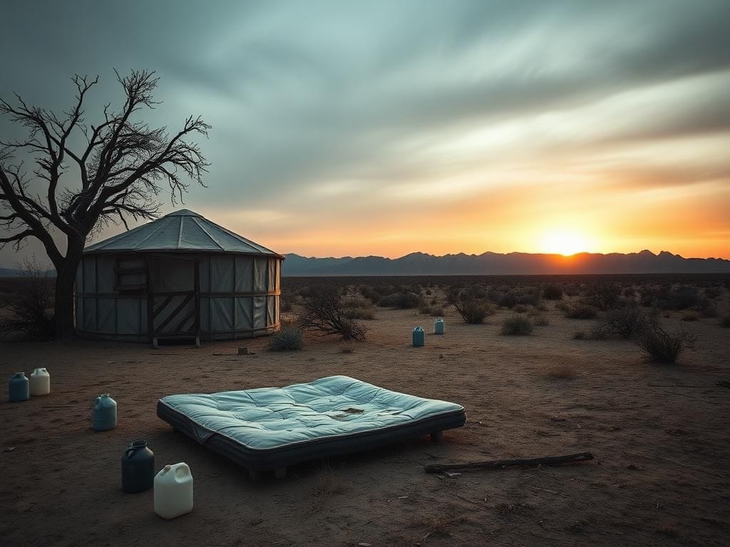 Flick International A desolate campsite with a worn yurt and cracked mattress in rural Arizona