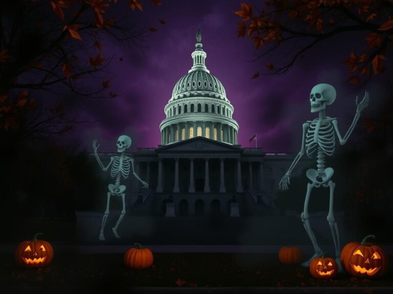 Flick International Dark and moody scene of the U.S. Capitol building surrounded by autumn leaves under twilight