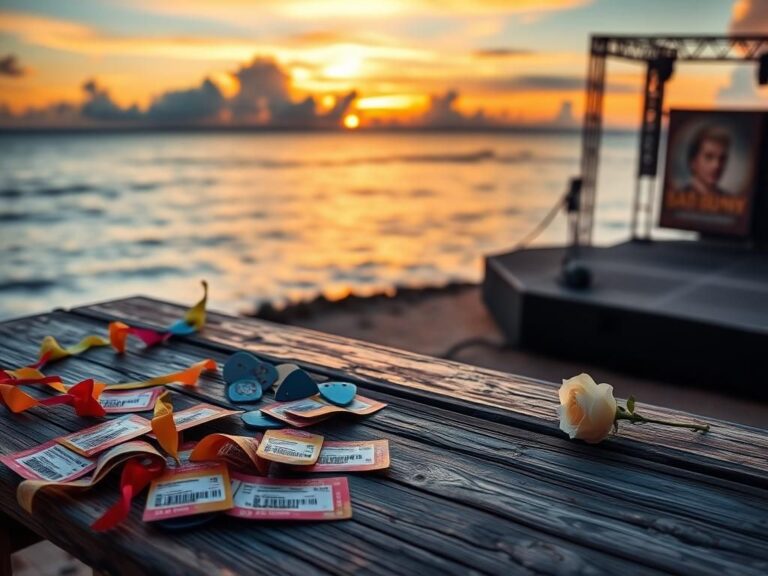 Flick International Serene dawn coastal scene in La Perla, Puerto Rico with colorful decorations and empty stage symbolizing lost joy.
