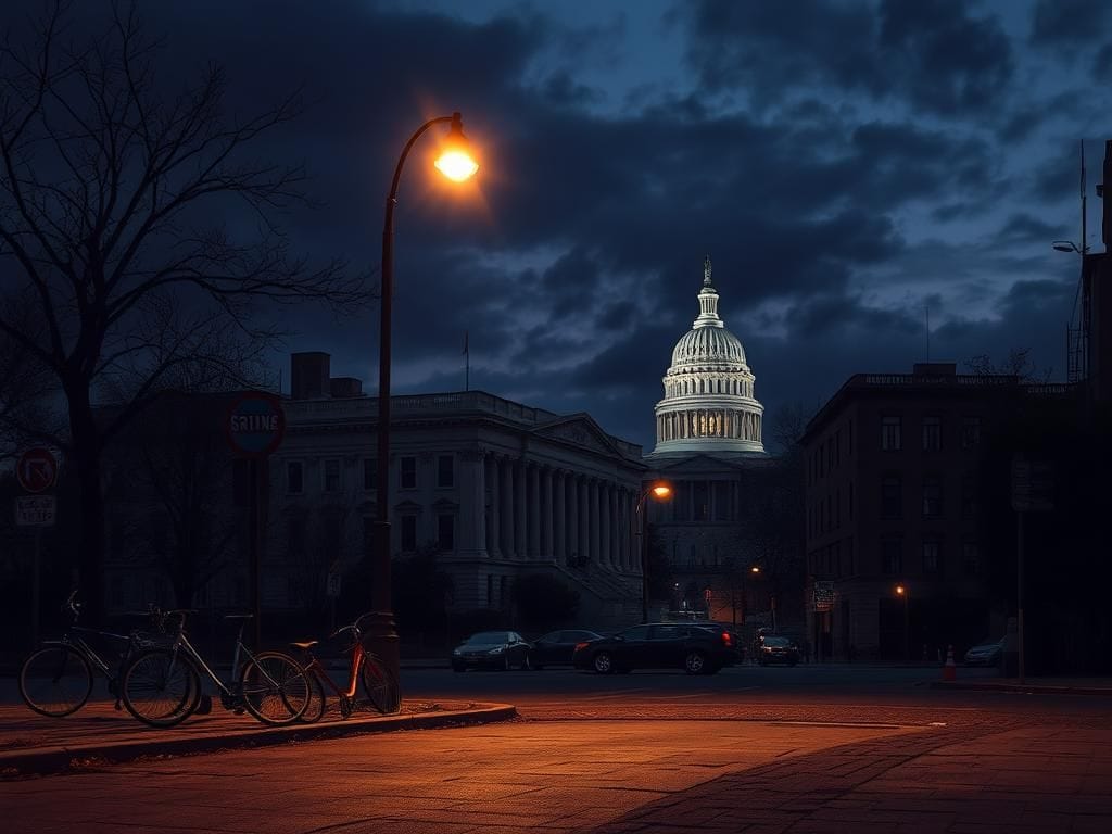 Flick International Dimly lit street scene in Washington, D.C., reflecting urban safety concerns