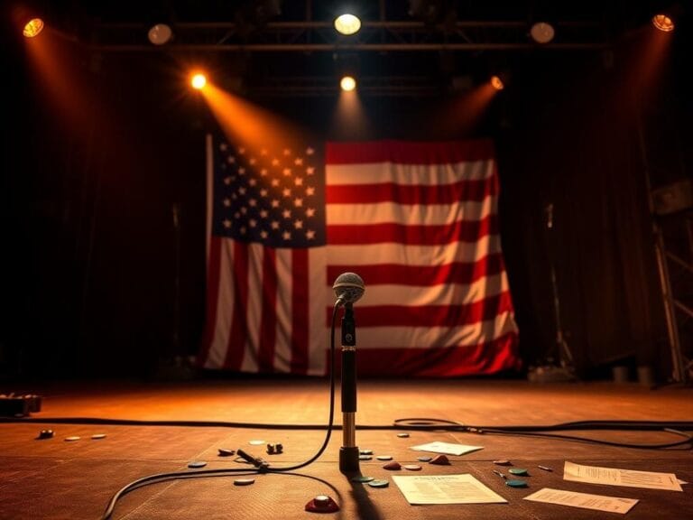 Flick International Spotlight on an empty microphone at a concert stage symbolizing activism and social justice